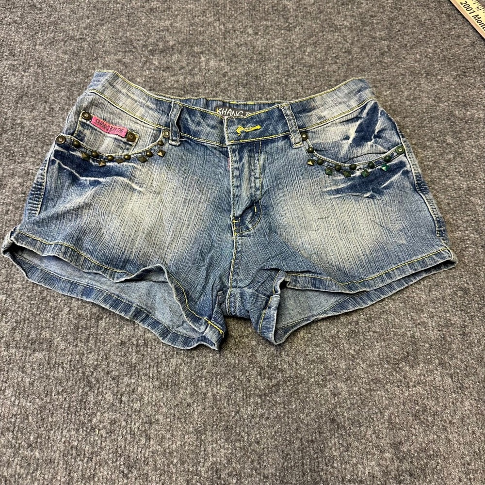 Shang Rai Denim Shorts Womens Size 27 Blue Y2K Studded Embroidered Low Rise